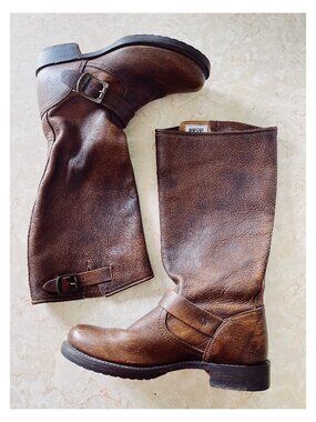 VTG Y2k Frye Sz 8 Veronica Slouch Brown Leather Buckle Boot Mexico